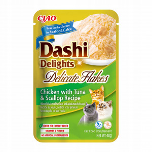 INABA CAT Dashi Delights Delicate Flakes Kuře s Tuňákem a Hřebenatkou - pochoutka pro kočky - 40g
