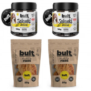 BULT Drůbeží salámky + BULT Eko kuřecí prsa – pochoutka pro psy – 2x50g + 2x150g