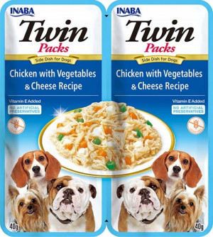 INABA Dog Twin kuřecí se zeleninou a sýrem v bujónu – pochoutka pro psy – 2x40g