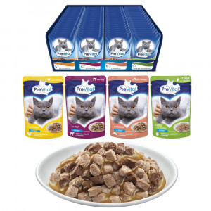 PREVITAL Cat Food Mix 4 Příchutě Kuře, Telecí, Losos, Drůbež – mokré krmivo pro kočky – 96 x 100 g