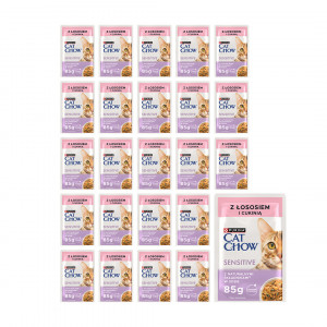 PURINA CAT CHOW Sensitive s lososem a cuketou v omáčce – mokré krmivo pro kočky – 24x85 g