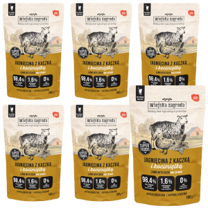WIEJSKA ZAGRODA Jehněčí s kachnou a šantou kočičí – mokré krmivo pro kočky – 6x100g