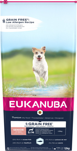 EUKANUBA Grain Free Senior small/medium breed, Ocean fish - suché krmivo pro psy - 12 kg