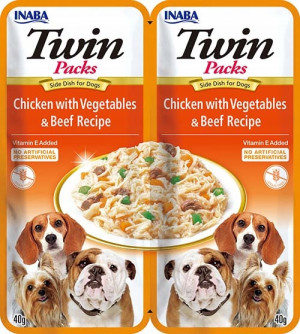 INABA Dog Twin kuřecí se zeleninou a hovězím v bujónu – pochoutka pro psy – 2x40g