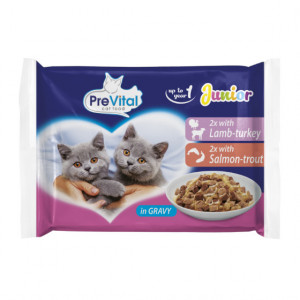 PREVITAL Cat Food Junior Mix Příchutí s jehněčím, krůtou, lososem, pstruhem v omáčce – mokré krmivo pro kočky – 4 x 100 g