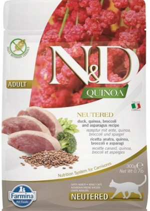 FARMINA N&D Quinoa Cat Duck, Broccoli, Asparagus Neutered Adult - suché krmivo pro kočky - 300 g 