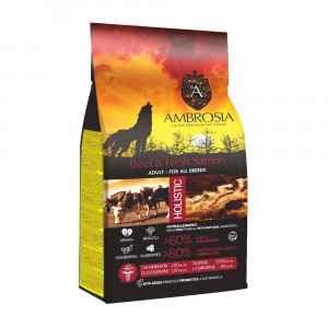 AMBROSIA Hovězí maso a čerstvý losos - suché krmivo pro psy - 12 kg
