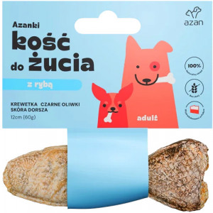 AZANKI Kost s krevetou a černými olivami v kůži tresky ve tvaru ryby – pamlsek pro psa – 12 cm