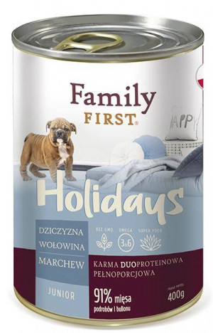 FAMILY FIRST Holidays Junior Venison, beef, and carrots - Mokré krmivo pro psy - 400 g