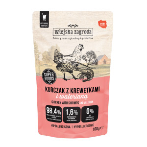 WIEJSKA ZAGRODA Kuře s krevetami a kozlíkem lékařským – mokré krmivo pro kočky – 100g