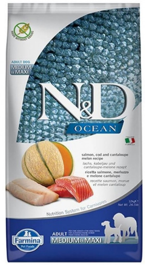 FARMINA N&D Ocean Dog Salmon, Cod, Cantaloupe, Melon Adult Medium&Maxi - suché krmivo pro psy - 12 kg