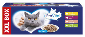 PREVITAL XXL BOX Mix chutí s kuřetem, telecím, lososem a játry v omáčce - mokré krmivo pro kočky - 48 x 100g