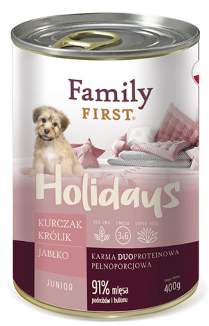 FAMILY FIRST Holidays Junior Chicken, rabbit, apple - Mokré krmivo pro psy - 400 g