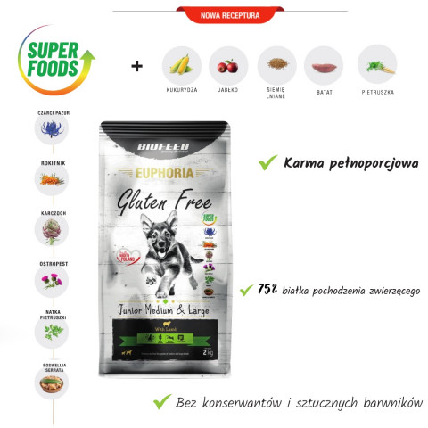 BIOFEED Euphoria Gluten Free Junior medium & large Lamb - suché krmivo pro psy - 2kg - Fotogalerie 5