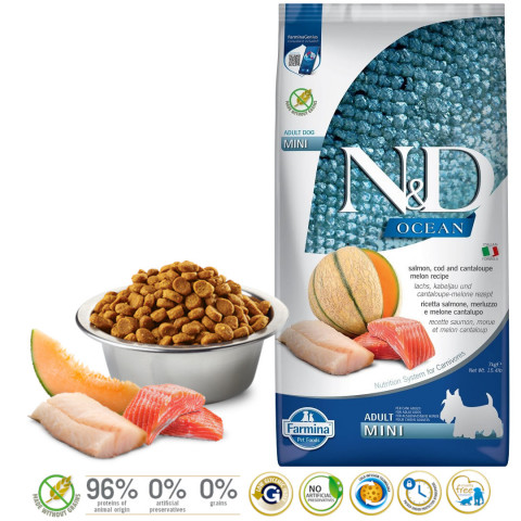 FARMINA N&D Ocean Dog Salmon, Cod, Cantaloupe, Melon Adult Mini - suché krmivo pro psy - 7 kg - Fotogalerie 2