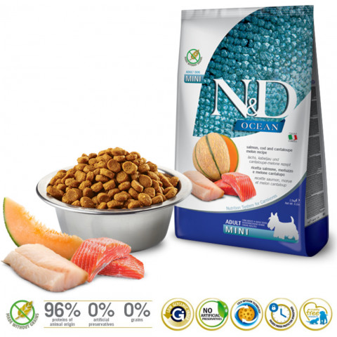 FARMINA N&D Ocean Dog Salmon, Cod, Cantaloupe, Melon Adult Mini - suché krmivo pro psy - 2.5 kg - Fotogalerie 2