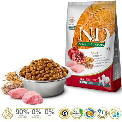 FARMINA N&D Ancestral Grain Chicken & Pomegranate Light Medium & Maxi – suché krmivo pro psy – 12 kg - Fotogalerie 2