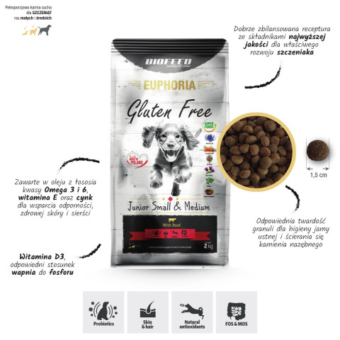 BIOFEED Euphoria Gluten Free Junior small & medium Beef - suché krmivo pro psy - 12kg - Fotogalerie 4