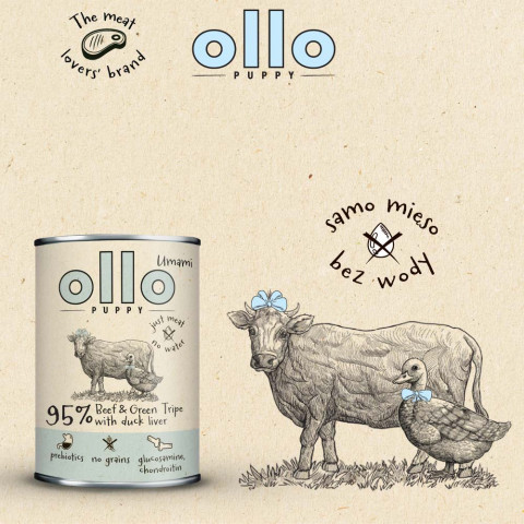 OLLO Puppy Umami Hovězí a Zelené Dršťky s Kachními Játry - mokré krmivo pro psy - 850g - Fotogalerie 3