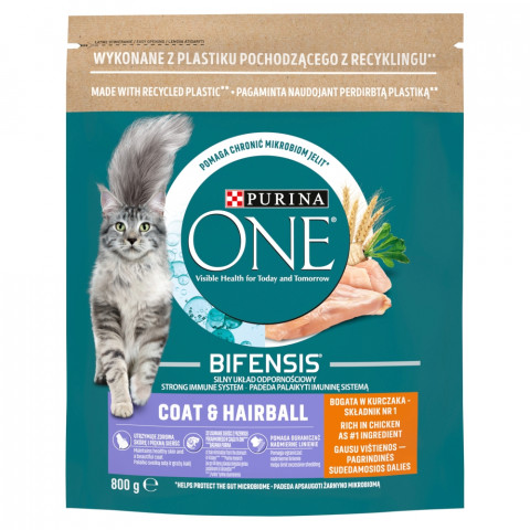PURINA One Bifensis Coat & Hairball Chicken - suché krmivo pro kočky - 800 g - Fotogalerie 1