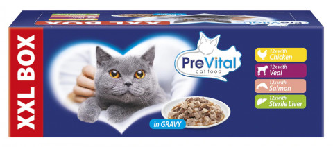 PREVITAL XXL BOX Mix chutí s kuřetem, telecím, lososem a játry v omáčce - mokré krmivo pro kočky - 48 x 100g - Fotogalerie 1