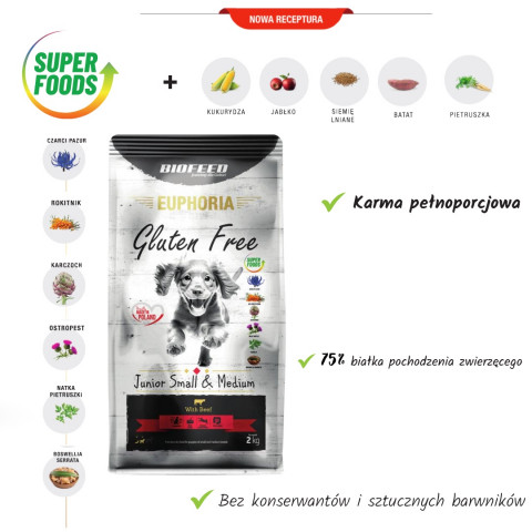 BIOFEED Euphoria Gluten Free Junior small & medium Beef - suché krmivo pro psy - 12kg - Fotogalerie 5