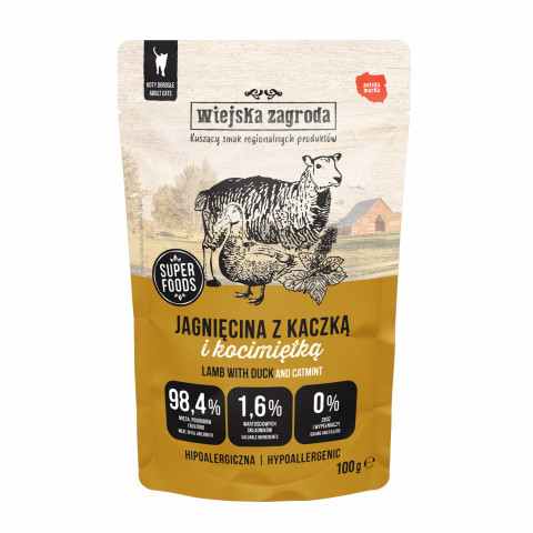 WIEJSKA ZAGRODA Jehněčí s kachnou a šantou kočičí – mokré krmivo pro kočky – 12x100g - Fotogalerie 3