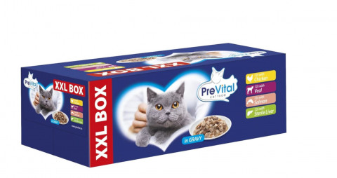 PREVITAL XXL BOX Mix chutí s kuřetem, telecím, lososem a játry v omáčce - mokré krmivo pro kočky - 48 x 100g - Fotogalerie 3