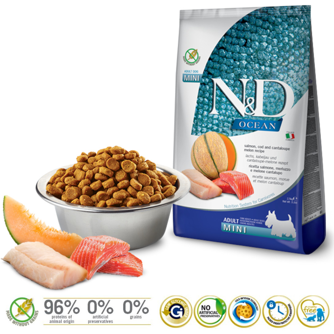 FARMINA N&D Ocean Dog Salmon, Cod, Cantaloupe, Melon Adult Mini - suché krmivo pro psy - 2.5 kg - foto 1