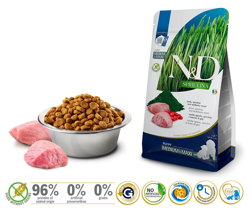 FARMINA N&D Spirulina Lamb Puppy MED/MAXI - suché krmivo pro psy - 2 kg - foto 1