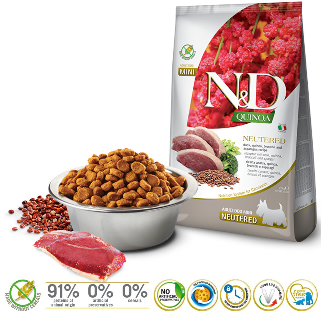 FARMINA N&D Quinoa Dog Duck, Broccoli, Asparagus Neutered Adult Mini - suché krmivo pro psy - 2.5 kg - foto 1