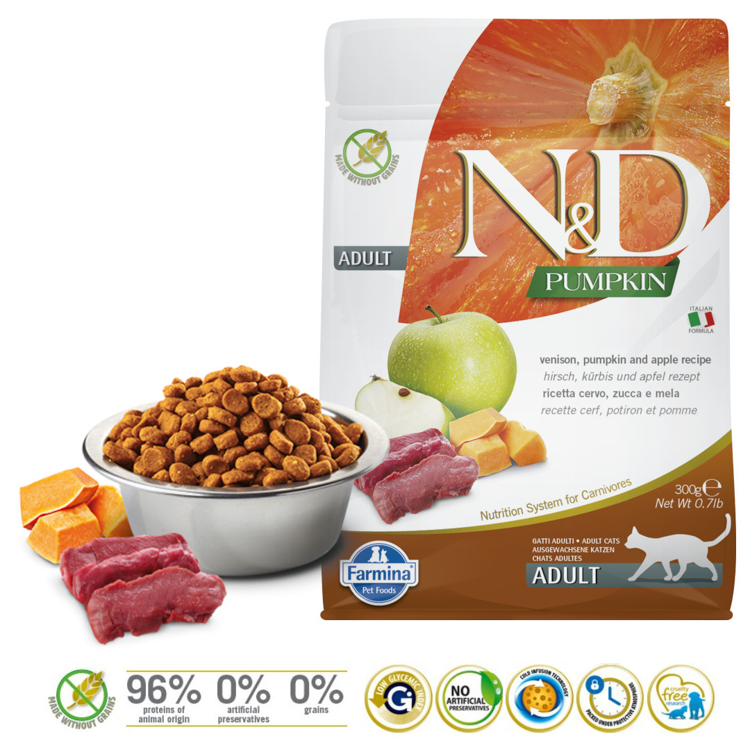 FARMINA N&D Pumpkin Cat Venison and Apple Adult - suché krmivo pro kočky - 300 g - foto 1