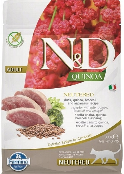 FARMINA N&D Quinoa Cat Duck, Broccoli, Asparagus Neutered Adult - suché krmivo pro kočky - 300 g - foto 3