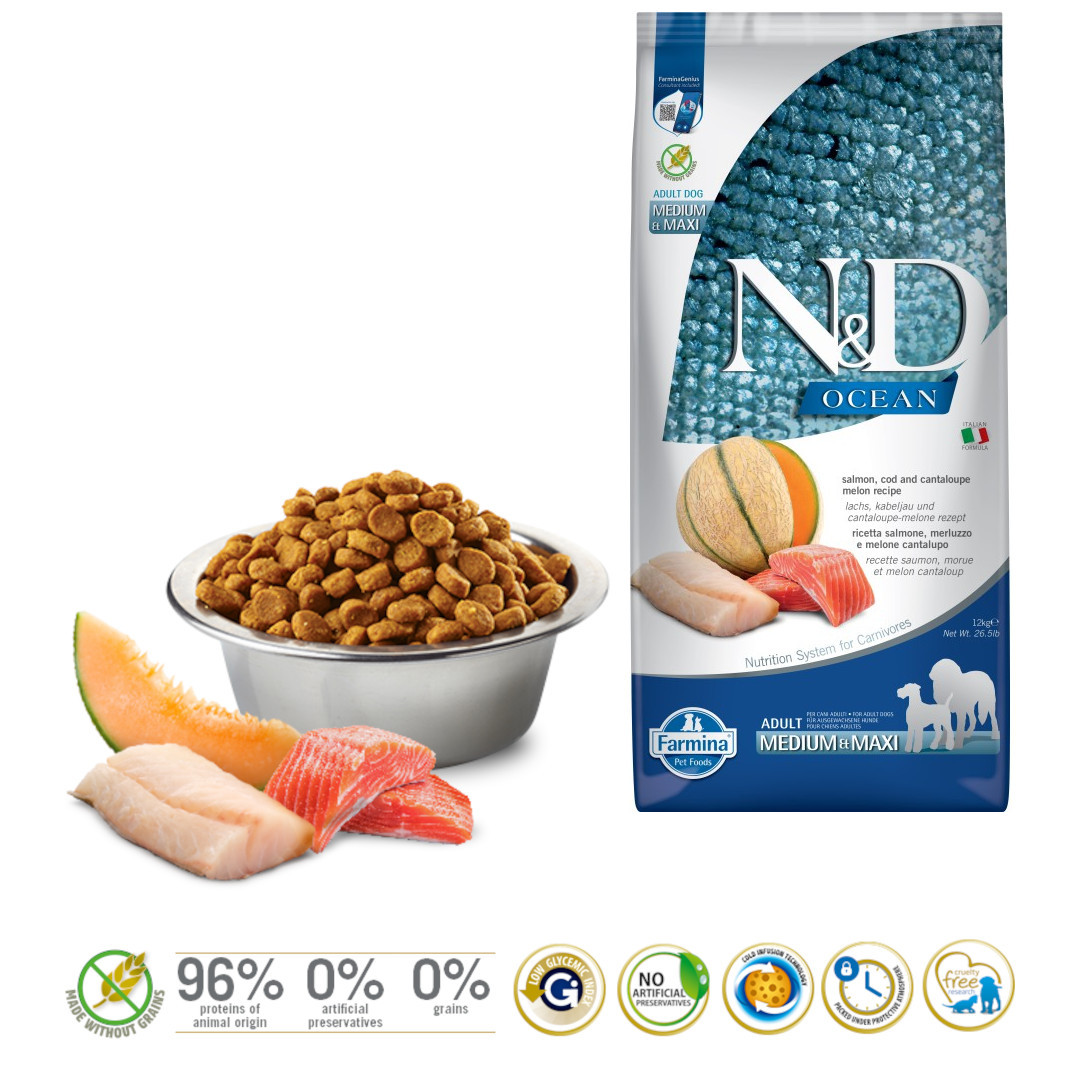 FARMINA N&D Ocean Dog Salmon, Cod, Cantaloupe, Melon Adult Medium&Maxi - suché krmivo pro psy - 12 kg - foto 1