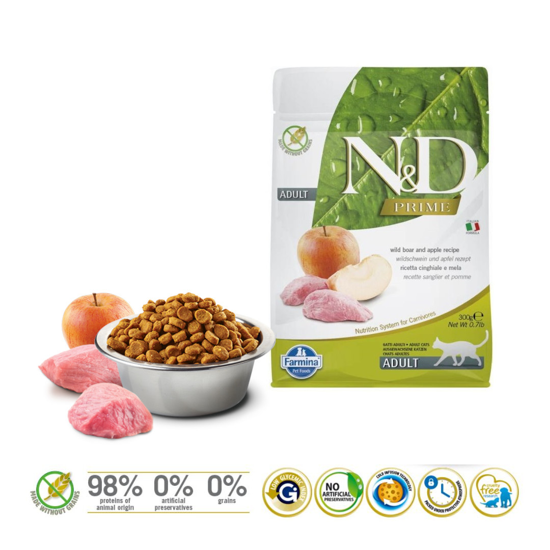 FARMINA N&D Prime Cat Boar and Apple Adult - suché krmivo pro kočky - 300 g - foto 1
