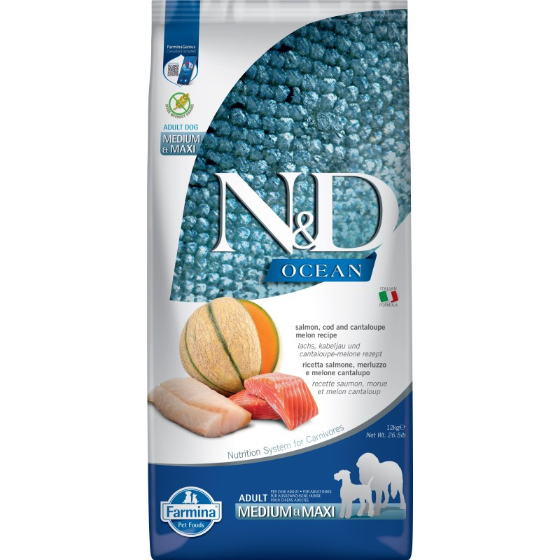FARMINA N&D Ocean Dog Salmon, Cod, Cantaloupe, Melon Adult Medium&Maxi - suché krmivo pro psy - 12 kg - foto 3