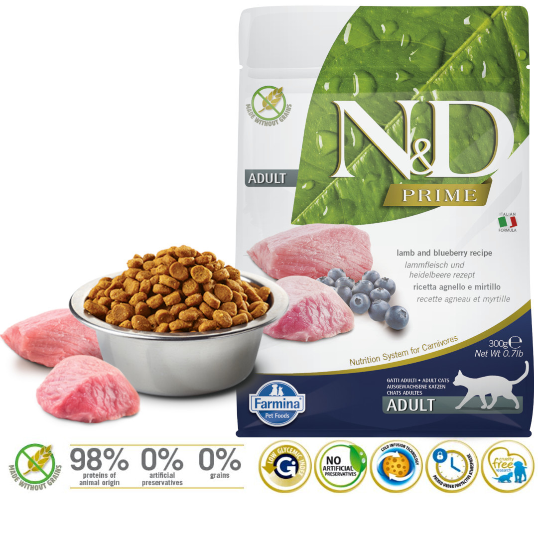 FARMINA N&D Prime Cat Lamb and Blueberry Adult - suché krmivo pro kočky - 300 g - foto 1