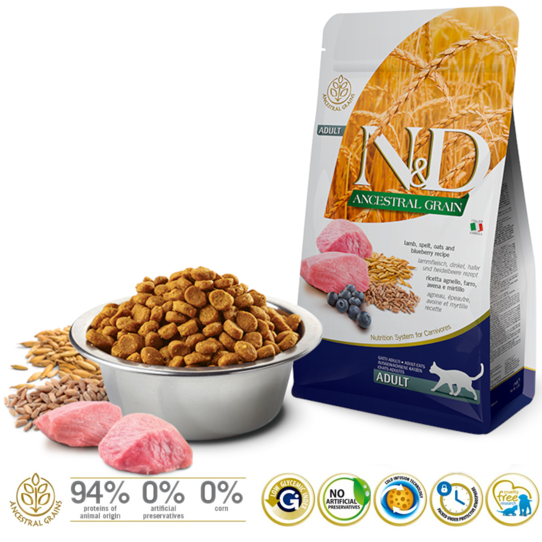 FARMINA N&D Ancestral Grain Lamb & Blueberry Adult – suché krmivo pro dospělé kočky – 1,5 kg - foto 1