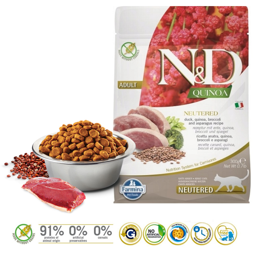 FARMINA N&D Quinoa Cat Duck, Broccoli, Asparagus Neutered Adult - suché krmivo pro kočky - 300 g - foto 1