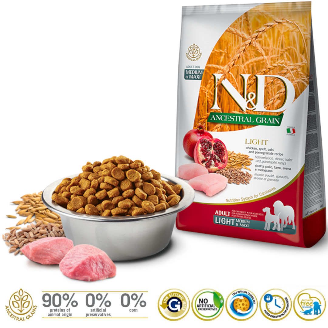FARMINA N&D Ancestral Grain Chicken & Pomegranate Light Medium & Maxi – suché krmivo pro psy – 12 kg - foto 1