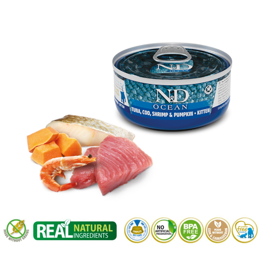FARMINA N&D Ocean Kitten Tuňák, Treska, Krevety a Dýně – mokré krmivo pro koťata – 70g - foto 1