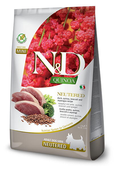 FARMINA N&D Quinoa Dog Duck, Broccoli, Asparagus Neutered Adult Mini - suché krmivo pro psy - 2.5 kg - foto 2
